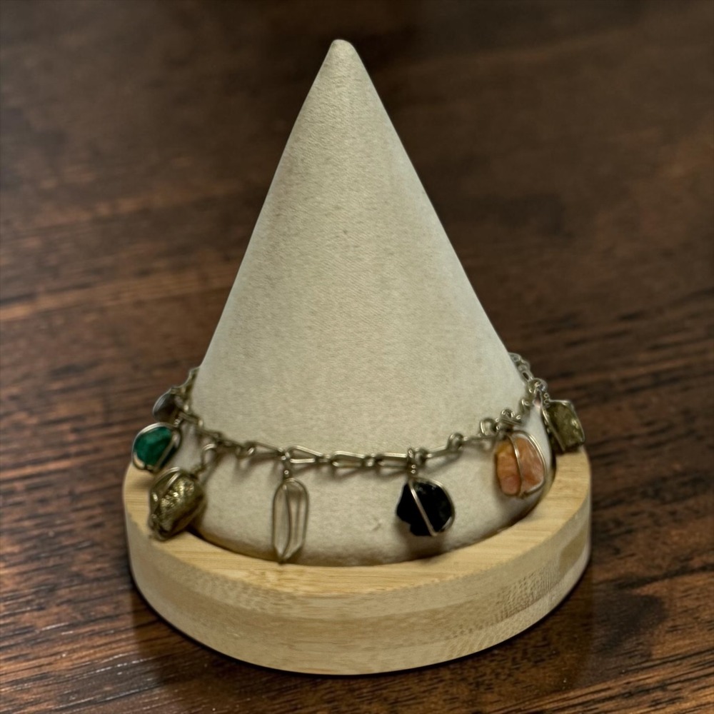 Vintage Multi Stone Nugget Charm Bracelet 8"‎ Silver Tone Link Bracelet